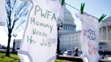 Babies onesies with messages written on them like 'PWFA Mommy needs her job' hang on a clothesline in front of the Capitol building