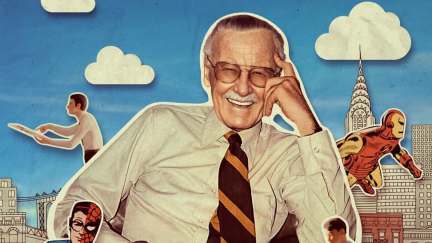 A paper cutout of Stan Lee smiling, against a blue sky background with clouds and the New York skyline. Iron Man and other Marvel characters poke in around the edges.