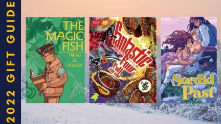 Four books featured on the 2022 TMS Bookish Gift Guide of graphic novels. (Image: Penguin Random House, Harry N. Abrams/Marvel, and Iron Circus Comics)