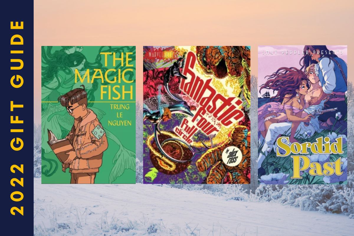 Four books featured on the 2022 TMS Bookish Gift Guide of graphic novels. (Image: Penguin Random House, Harry N. Abrams/Marvel, and Iron Circus Comics)