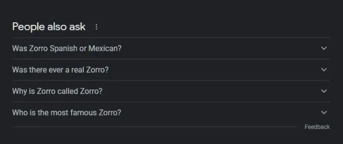 The first question on Google when you look up the word 'Zorro' is 'Was Zorro Spanish or Mexican?' Image: screencap.