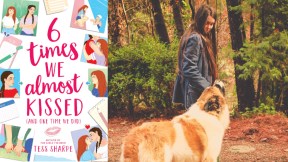 6 Times We Almost Kissed (And One Time We Did) cover art and Tess Sharpe at her home with her dog