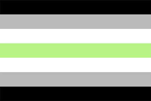 Agender Pride flag: black, gray, and white stripes with a green stripe in the center