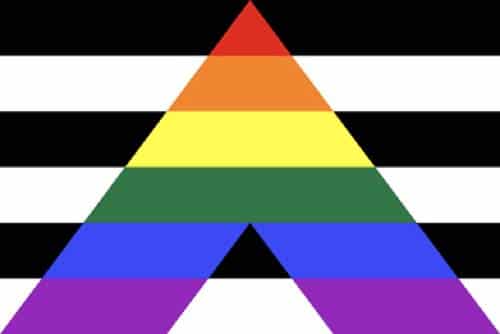 Ally Pride flag: A rainbow-colored A against a background of black and white stripes