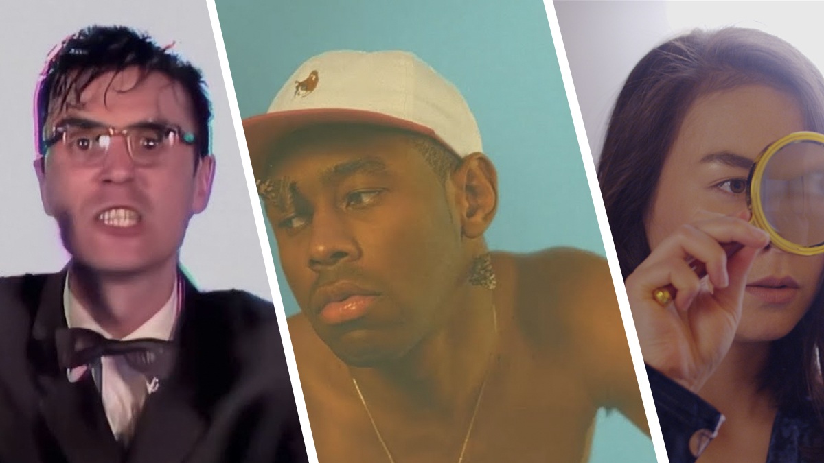 David Byrne in the Talking Heads' "Once in a Lifetime" video, Tyler the Creator in the "Perfect" video, and Mitski in the "Nobody" video
