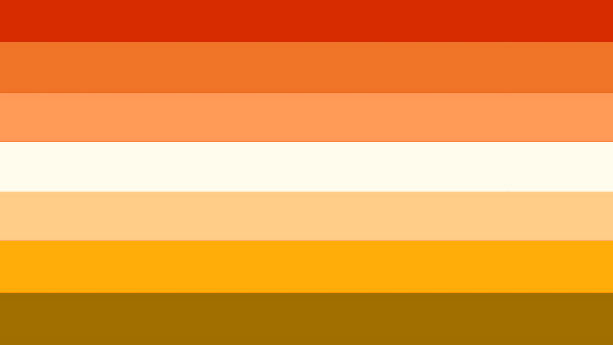 Butch lesbian Pride flag: A gradient of stripes from red to dark orange/brown