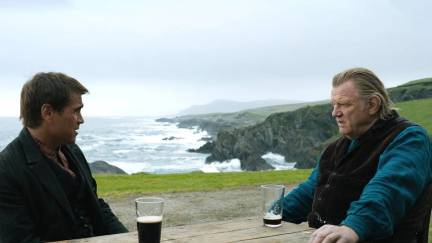 Padraic (Colin Farrell) and Colm (Brendan Gleeson) look at each other across a bench in 'The Banshees of Inisherin'