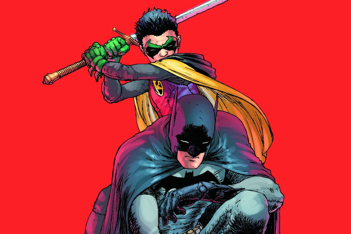 an animate Damian Wayne and Batman Bruce Wayne posing against a red background.