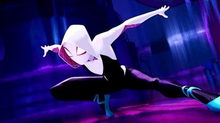 An animated Gwen Stacy doing a wide pose in 