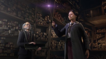 A witch testing her wand in Hogwarts Legacy. Theoretically, she could later use this to clean up after a bowel movement.