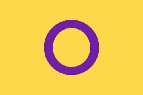 Intersex Pride flag: A purple ring against a golden yellow background