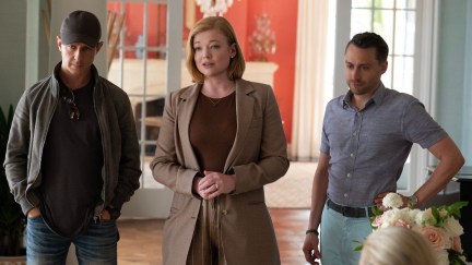Siblings Kendall Roy (Jeremy Strong), Shiv Roy (Sarah Snook), and Roman Roy (Kieran Culkin) in season 4 of 'Succession'