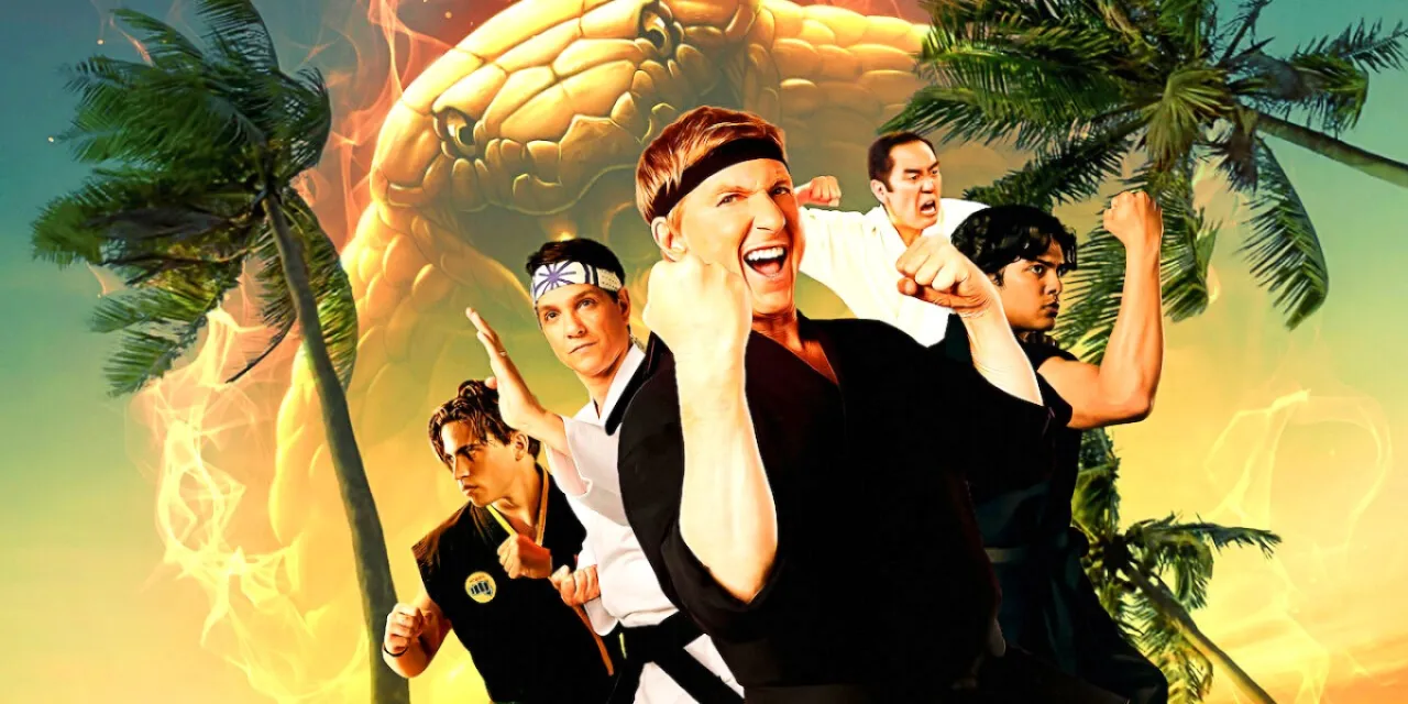 Johnny Lawrence (William Zabka), Danny LaRusso (Ralph Macchio), Robbie (Tanner Buchanan), Miguel (Xolo Maridueña), and Chozen (Yuji Okumoto) striking karate poses in Cobra Kai poster