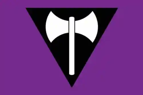 Labrys lesbian Pride flag: A white double-headed axe inside an upside down black triangle, against a purple background