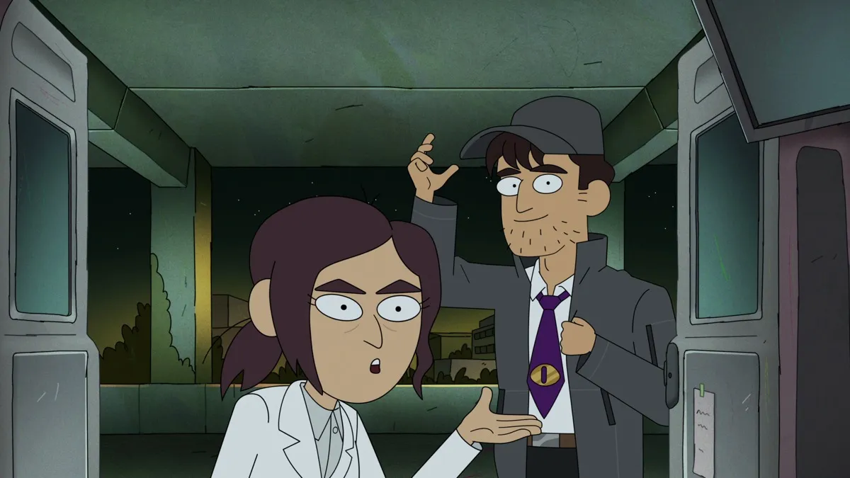 Lizzy Caplan as Reagan and Adam Scott as Ron in the animated series 'Inside Job'