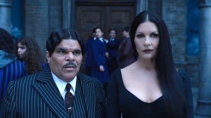 Luis Guzman and Catherine Zeta-Jones as Gomez and Morticia Addams in 'Wednesday'