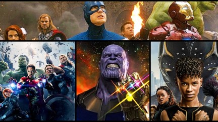 Posters of Avengers, Avengers: Age of Ultron, Avengers: Infinity War, and Black Panther: Wakanda Forever to represent Phases 1, 2, 3, and 4.