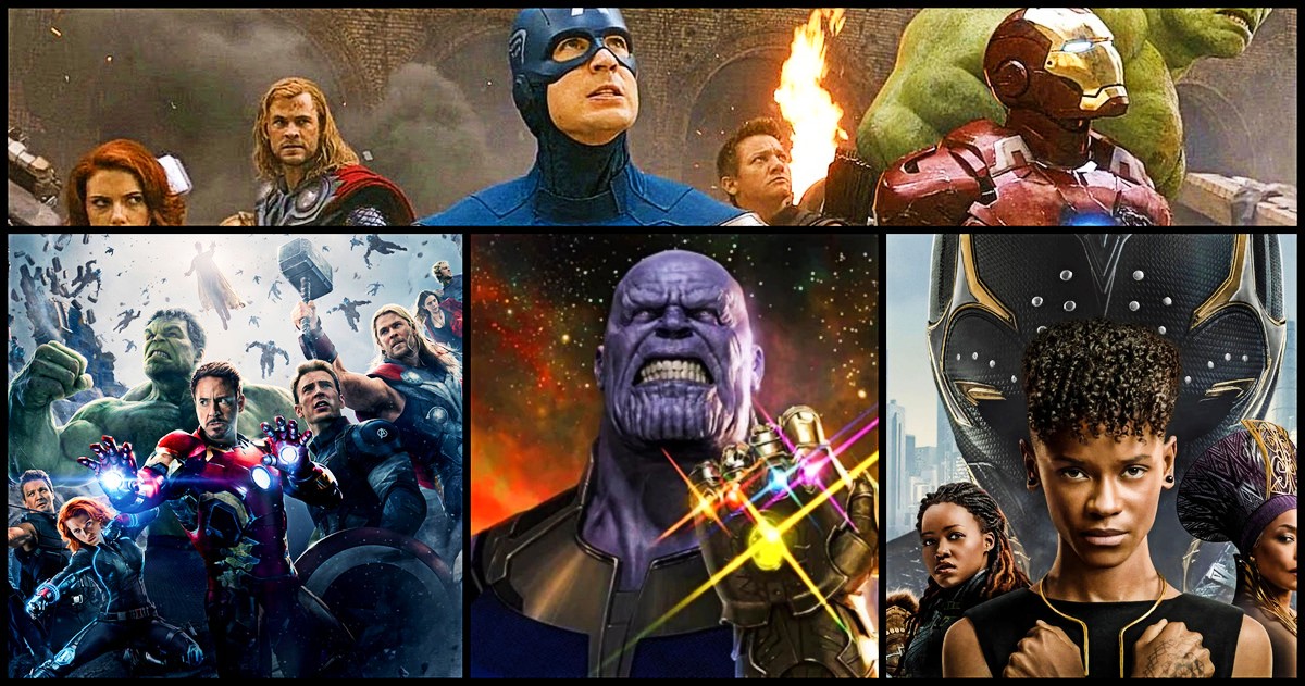 Posters of Avengers, Avengers: Age of Ultron, Avengers: Infinity War, and Black Panther: Wakanda Forever to represent Phases 1, 2, 3, and 4.