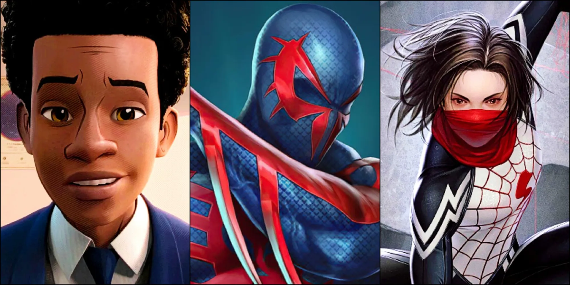 Miles Morales, Miguel O'Hara, and Silk in Spider-Man: Into the Spider-Verse and Marvel Comics