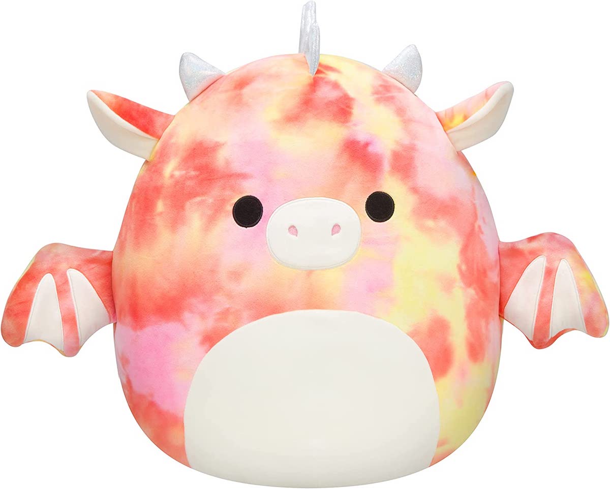 Tie-dyed yellow, pink and red Squishmallow dragon