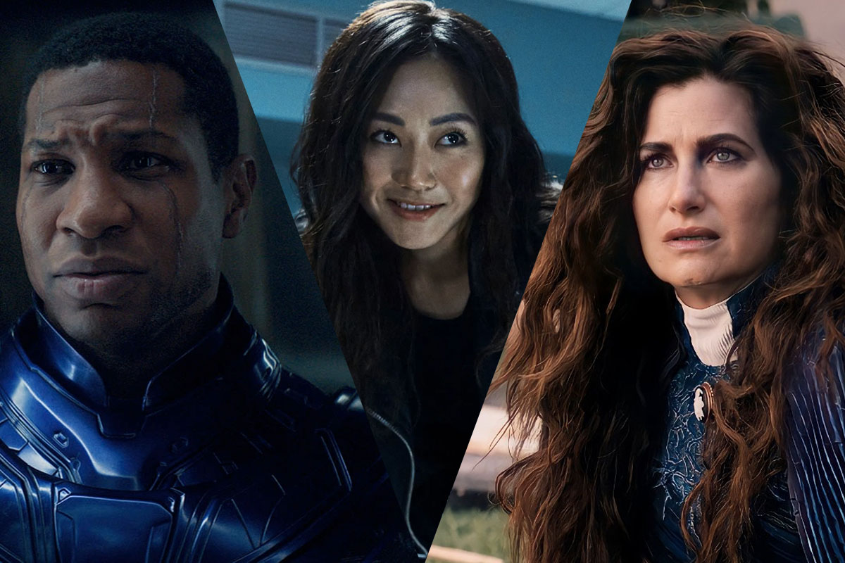 A split image featuring Jonathan Majors as Kang in 'Ant-Man and the Wasp: Quantumania,' Karen Fukuhara as Kimiko in 'The Boys,' and Kathryn Hahn as Agatha Harkness in 'WandaVision'