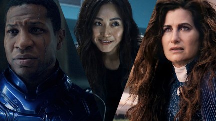 A split image featuring Jonathan Majors as Kang in 'Ant-Man and the Wasp: Quantumania,' Karen Fukuhara as Kimiko in 'The Boys,' and Kathryn Hahn as Agatha Harkness in 'WandaVision'