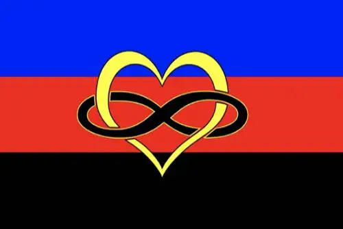 Polyamorous pride flag: A gold heart with a black infinity symbol intertwined against a background of blue, red, and black stripes.