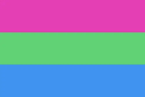 Polysexual pride flag: fuschia, green, and blue stripes