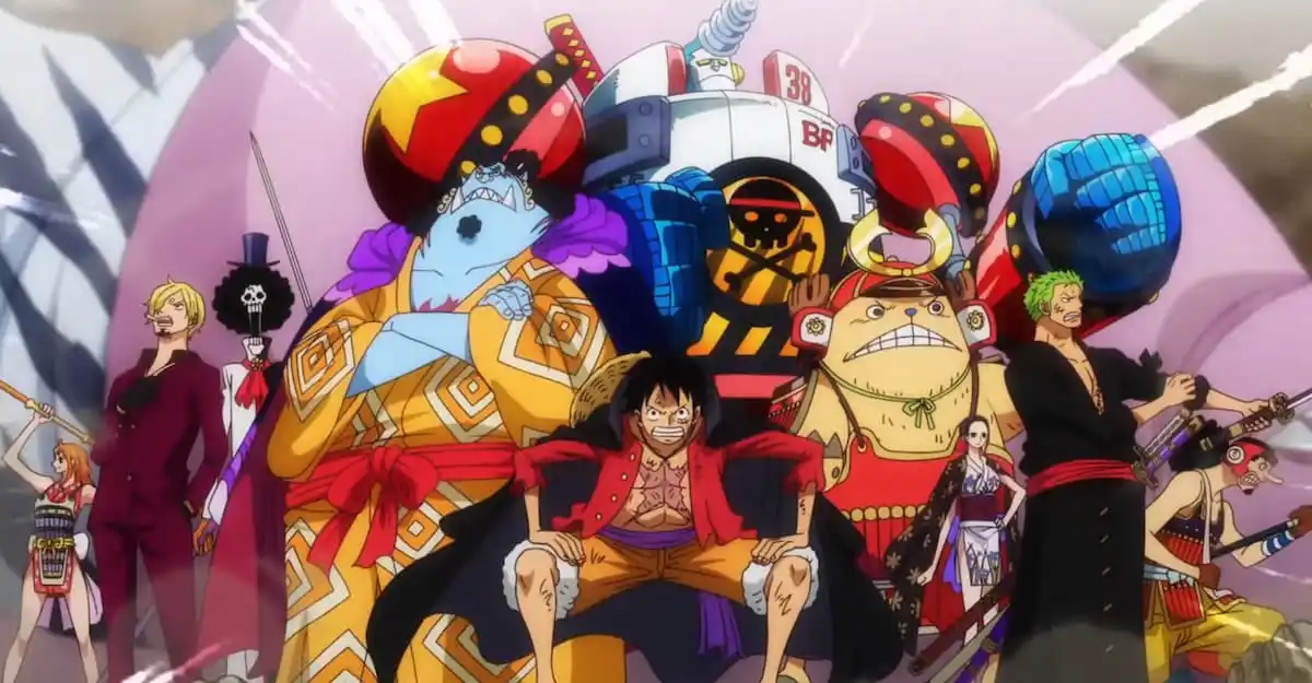 The Straw Hats, including Jinbe, at Onigashima