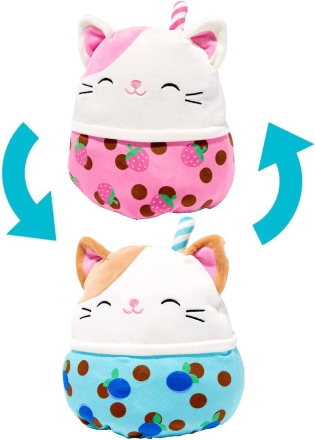 Pink and blue boba tea Squishmallows with heads resembling cats
