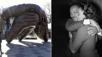 A split image featuring two photos: On the left, a photo of 'The Embrace,' a bronze statue honoring Martin Luther King, Jr. and Coretta Scott King, displayed in Boston. On the right, the black-and-white photo of Mr. and Mrs. King that inspired the statue.