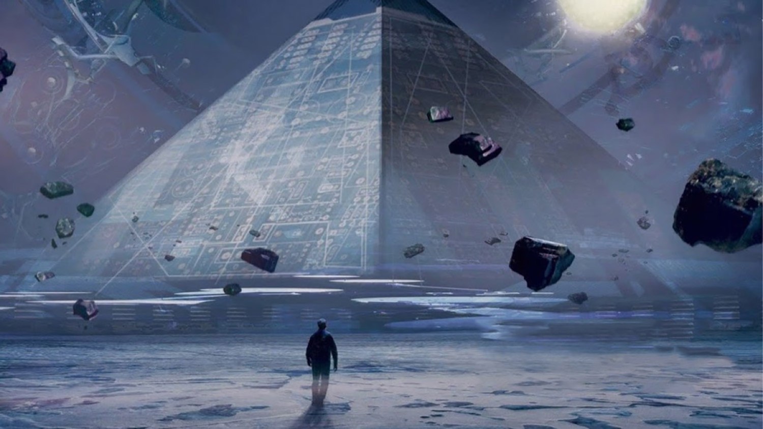 A futuristic pyramid, with asteroids and various space travel objects, with a man standing in the forefront of the image. Cover art for The Three Body Problem 