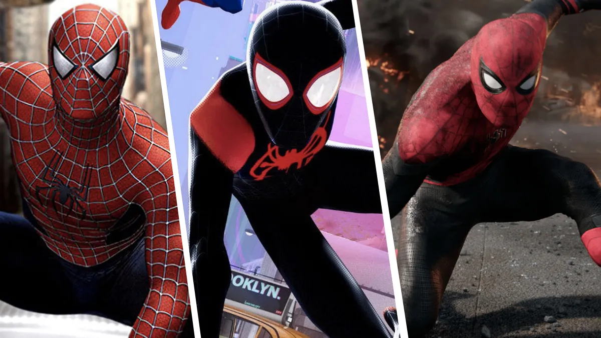 A split image featuring Tobey Maguire's Spider-Man from 'Spider-Man 2,' the Miles Morales Spider-Man from 'Into the Spider-Verse,' and Tom Holland's Spider-Man from 'Spider-Man: Far From Home'