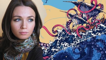 Shannon Chakraborty in front of her new book The Adventures of Amina al-Sirafi.