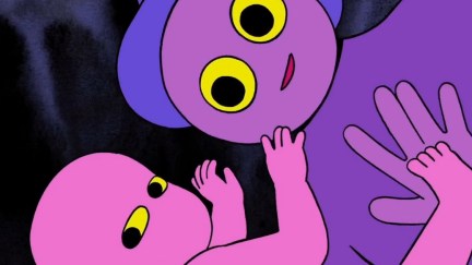 A purple adult and a pink baby look at the camera in the animated short 
