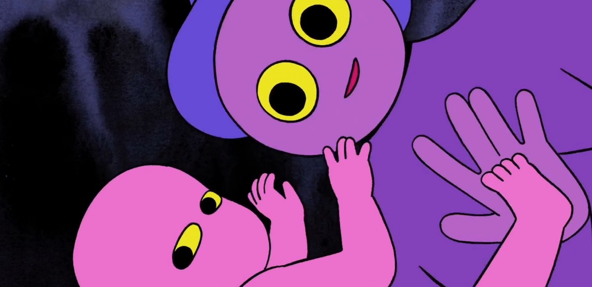A purple adult and a pink baby look at the camera in the animated short "My Love."