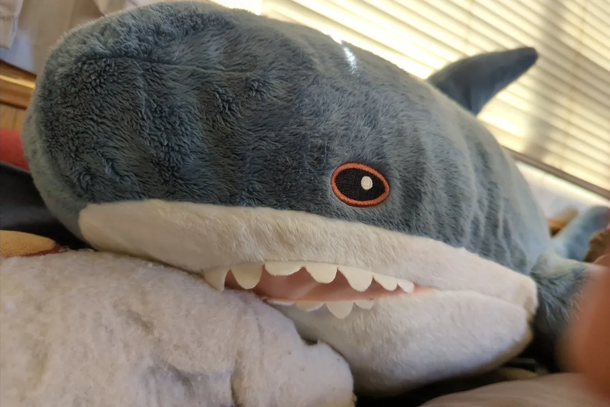 A close-up of a stuffed toy shark resting on a blanket.