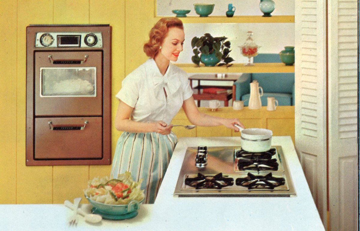 A photo illustration of a 1950s housewife cooking on a gas stove.