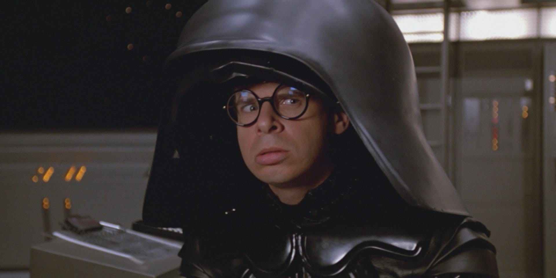 Dark Helmet (Rick Moranis) scowls with his mask off in Space Balls.
