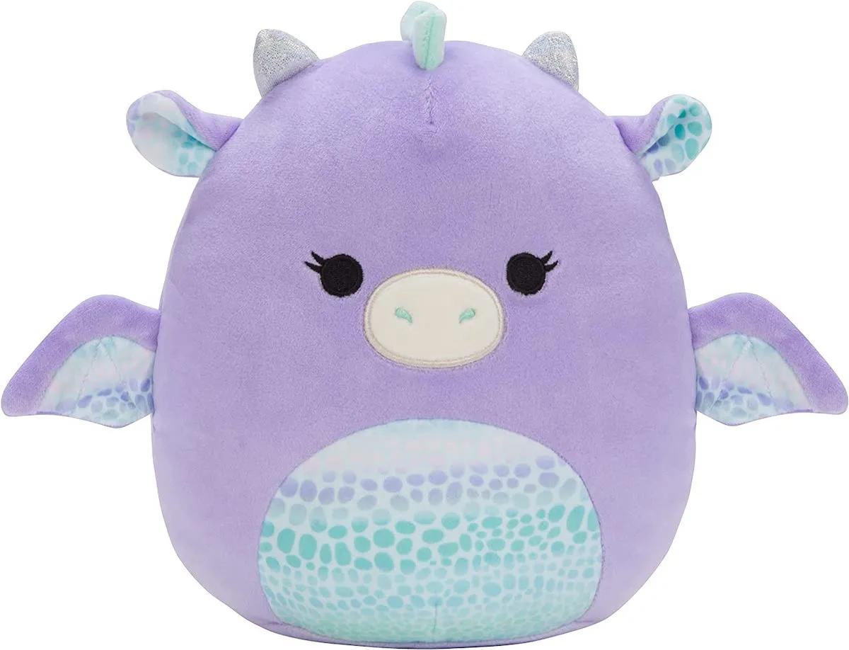 A purple dragon Squishmallow with a scaley blue stomach