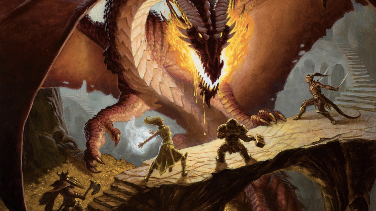 A Dragon menaces some adventurers in Dungeons & Dragons