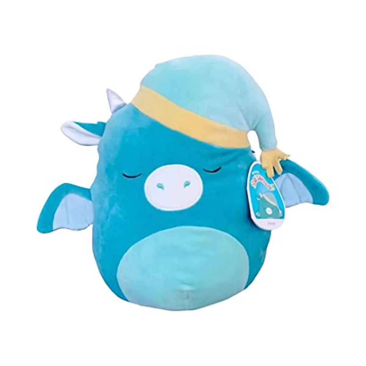 A blue dragon Squishmallow wearing a nightcap