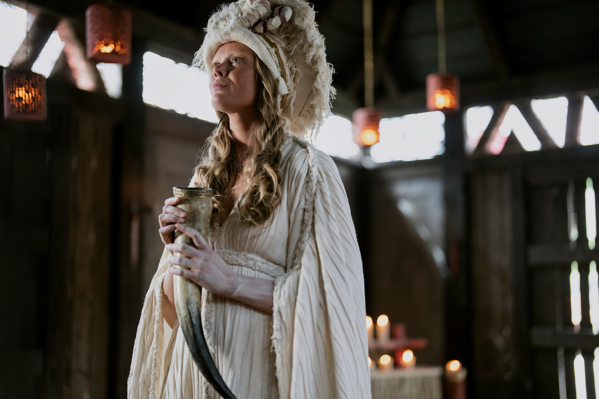 Freydis wears a white gown and headdress in Vikings: Valhalla season 2.