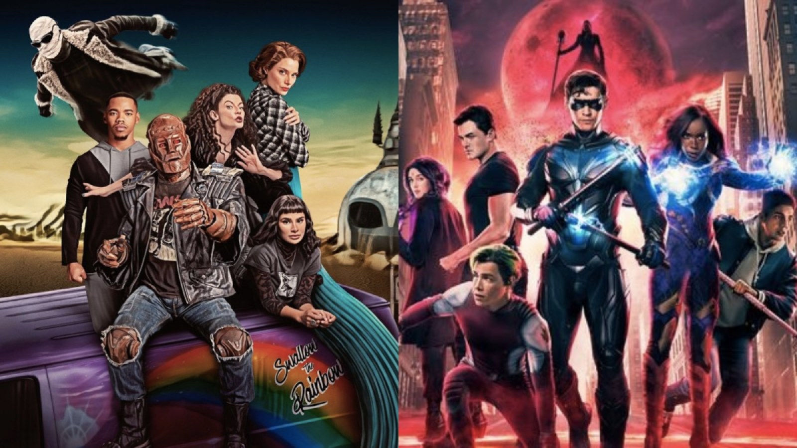 Promotional images from Doom Patrol and Titans