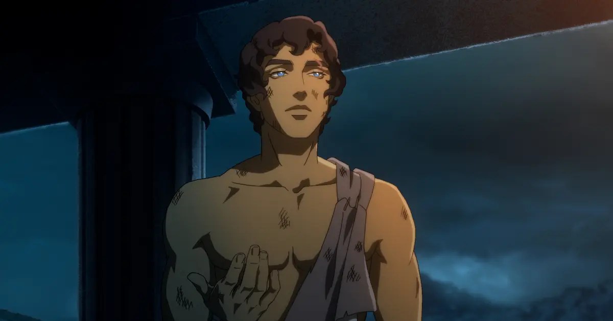 An animated muscular man stands calmly wearing a toga in "Blood of Zeus"