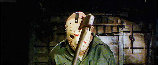 Jason with an ax in his forehead in Friday the 13th Part III