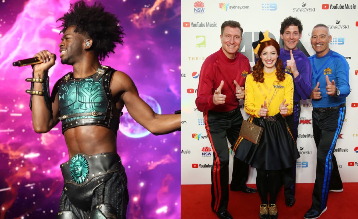 A photo of Lil Nas X performing, and a press photo of The Wiggles. (credit: Jaime Nogales/Medios y Media/Getty Images, and Don Arnold/WireImage)