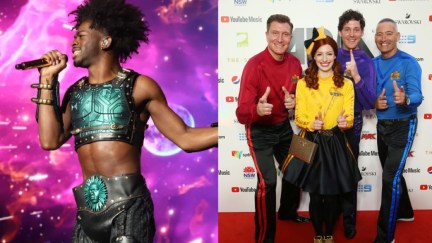 A photo of Lil Nas X performing, and a press photo of The Wiggles. (credit: Jaime Nogales/Medios y Media/Getty Images, and Don Arnold/WireImage)