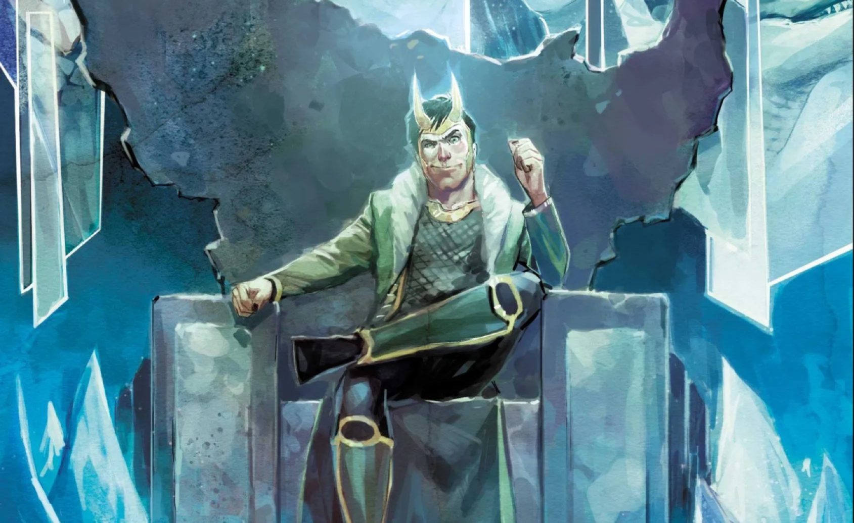 Loki sits on an ice throne, smiling. Art by Rod Reis.