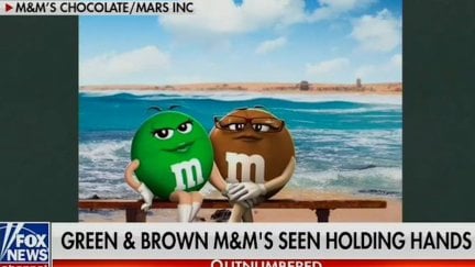 An illustration of the anthropomorphized green and brown M&M's holding hands on a beach, shown during an episode of a Fox News show.